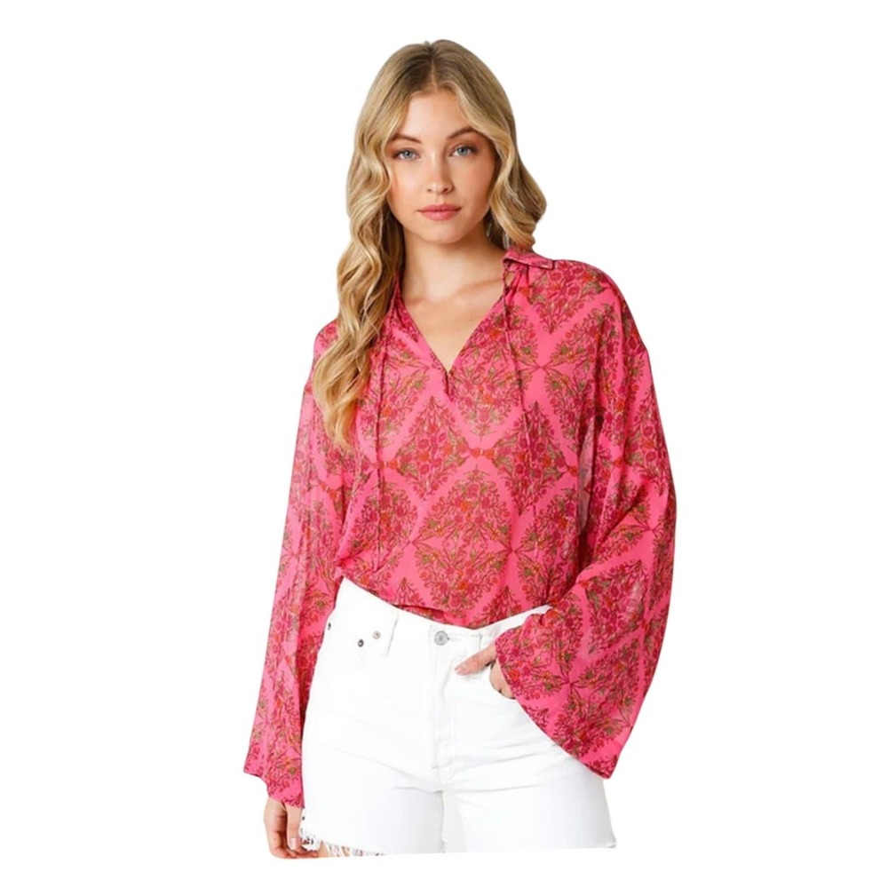 Olivaceous Pink Floral Medallion Print Bell Sleeve Tie Neck‎ Blouse Top Large